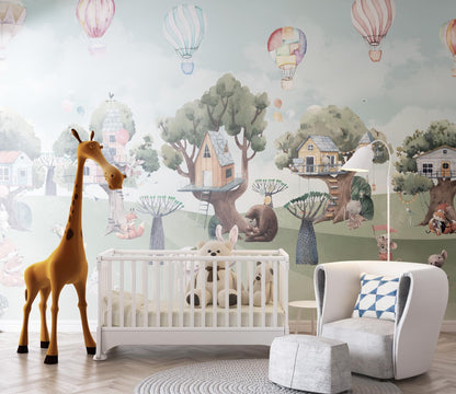 Cute Animals Forest Houses Wallpaper For Kidsroom, Watercolor Wallpaper Nursery, Childrens Wallpaper , Peel and Stick Wallpaper