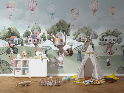 Cute Animals Forest Houses Wallpaper For Kidsroom, Watercolor Wallpaper Nursery, Childrens Wallpaper , Peel and Stick Wallpaper