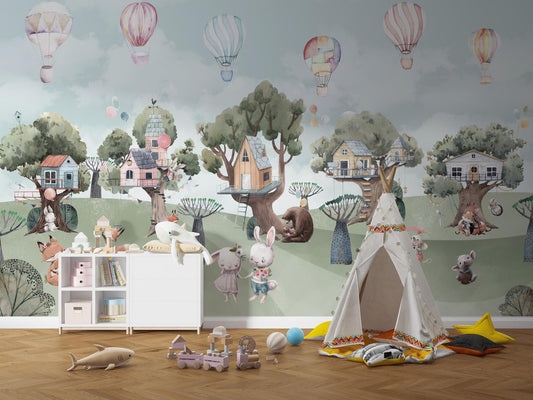 Cute Animals Forest Houses Wallpaper For Kidsroom, Watercolor Wallpaper Nursery, Childrens Wallpaper , Peel and Stick Wallpaper