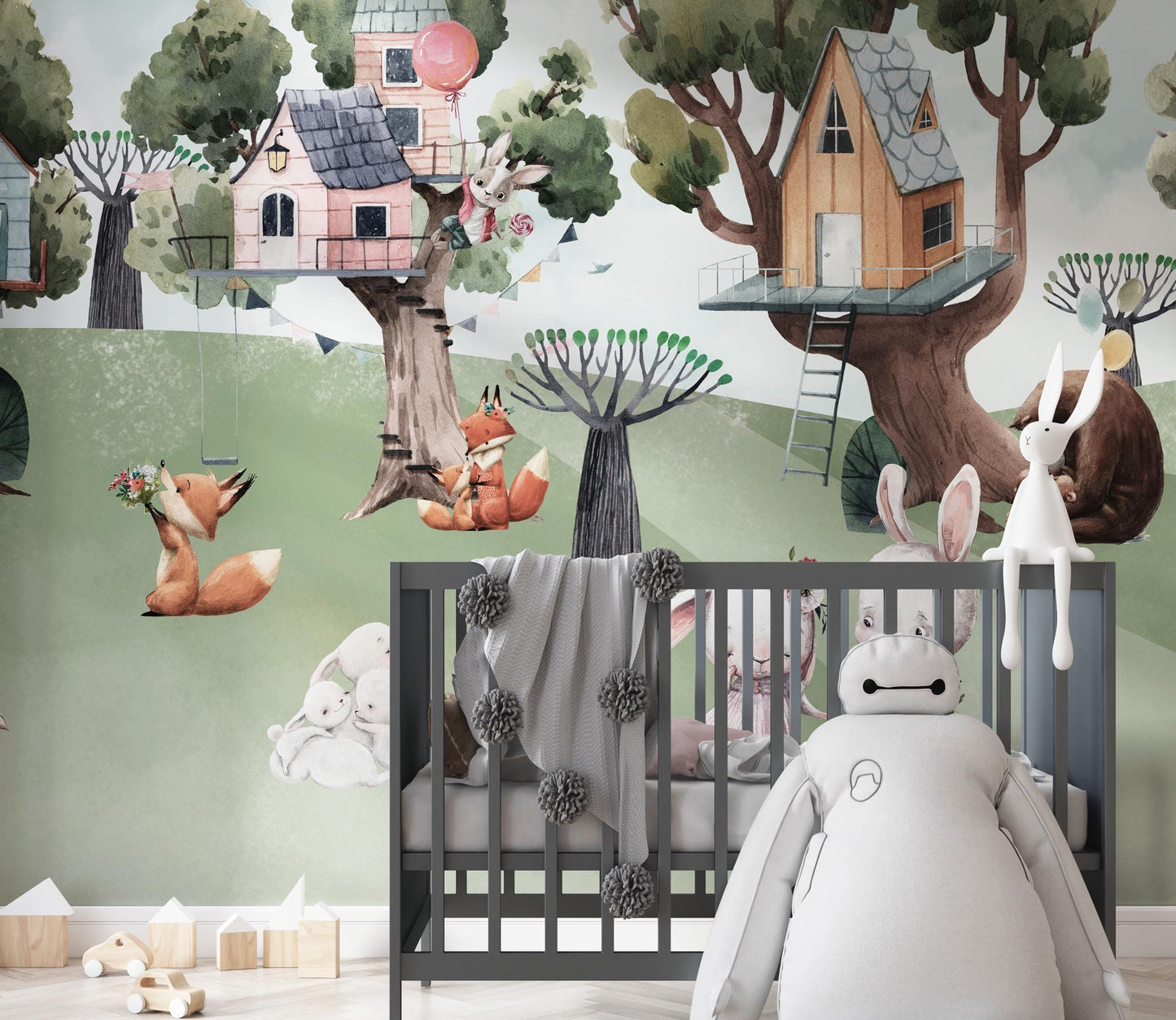 Cute Animals Forest Houses Wallpaper For Kidsroom, Watercolor Wallpaper Nursery, Childrens Wallpaper , Peel and Stick Wallpaper