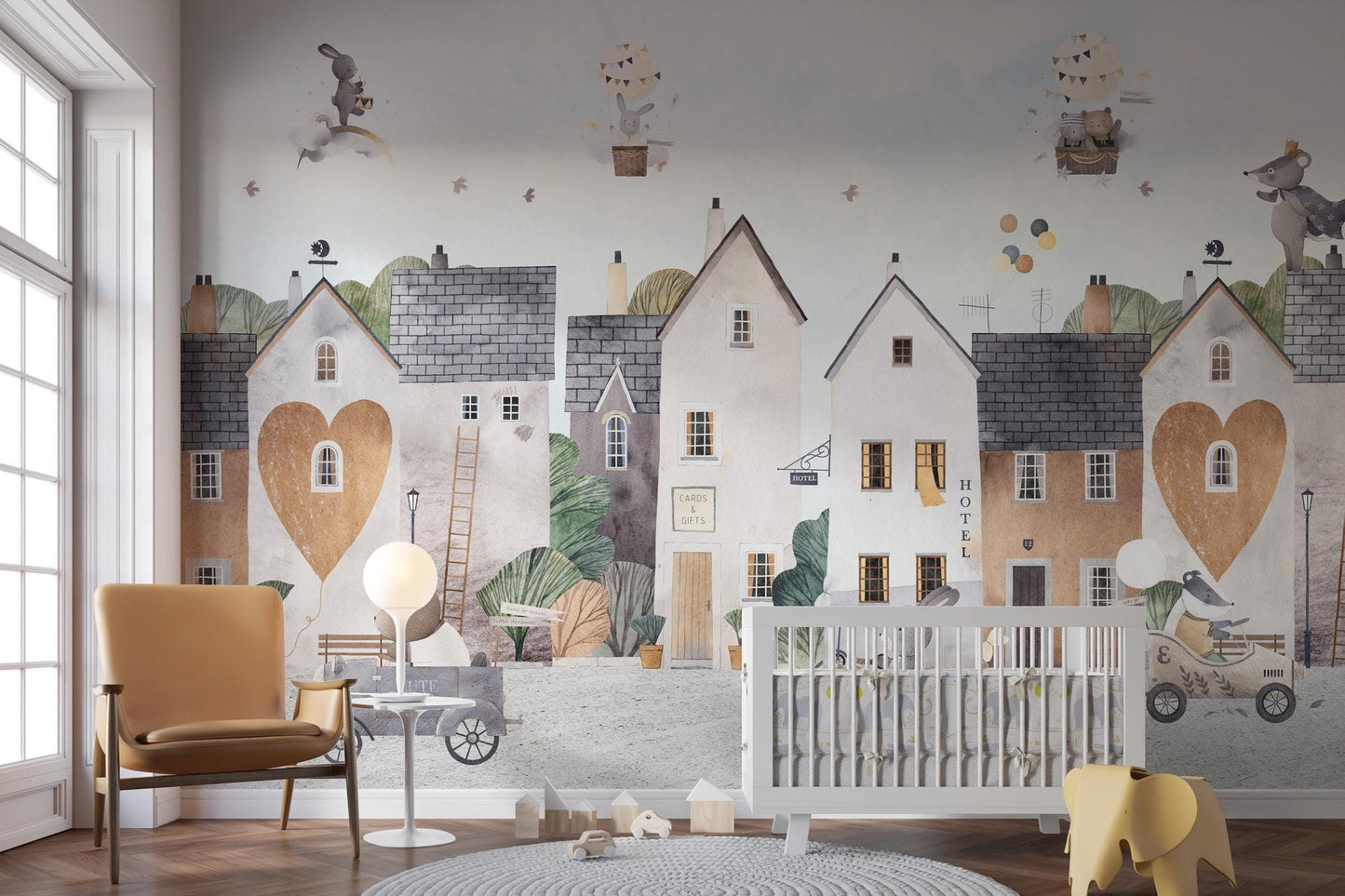 Lovely Town Wallpaper For Kidsroom, Watercolor Wallpaper Nursery, Childrens Wallpaper , Peel and Stick Wallpaper, Kids Room Design