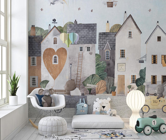 Lovely Town Wallpaper For Kidsroom, Watercolor Wallpaper Nursery, Childrens Wallpaper , Peel and Stick Wallpaper, Kids Room Design