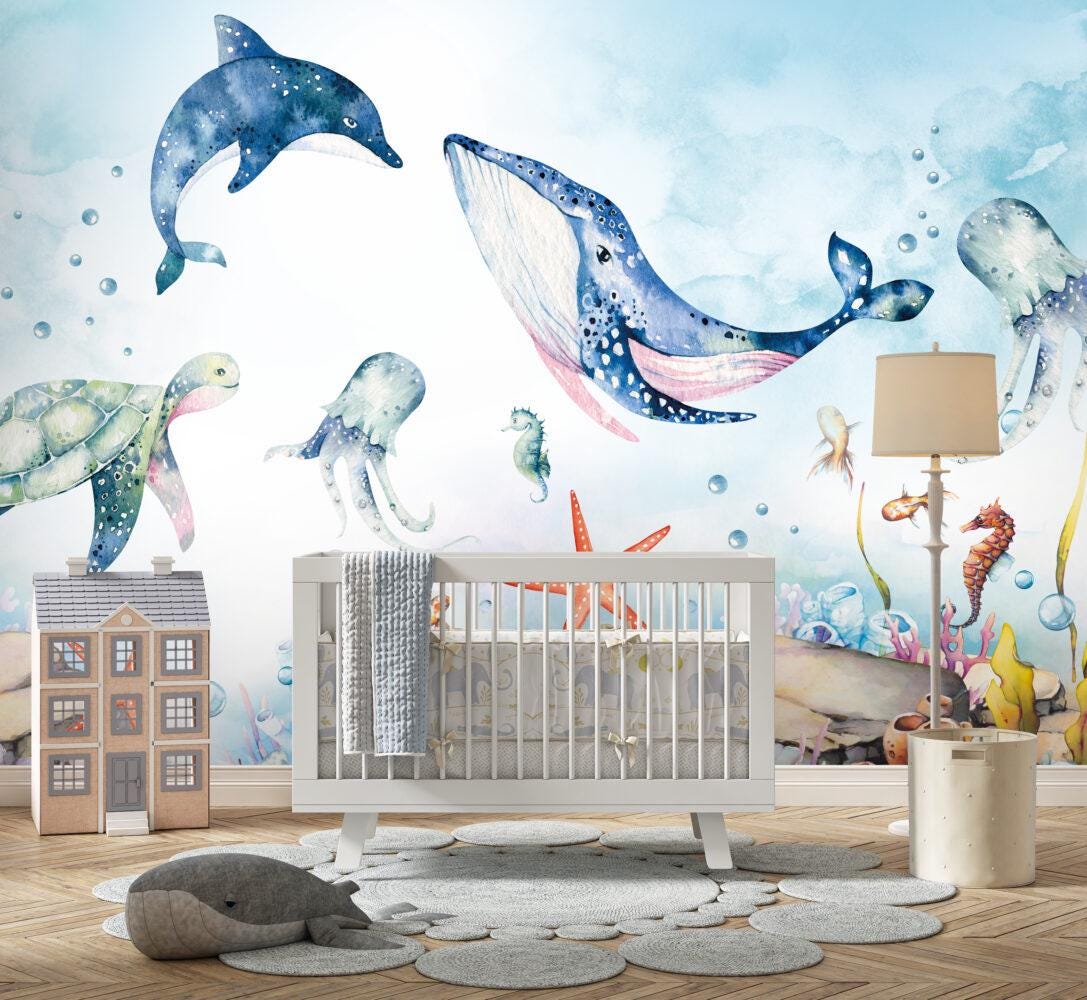Whale and Octopus Underwater Wallpaper For Kidsroom, Sea Wallpaper Nursery, Childrens Wallpaper, Peel and Stick Wallpaper, Blue Wallpaper