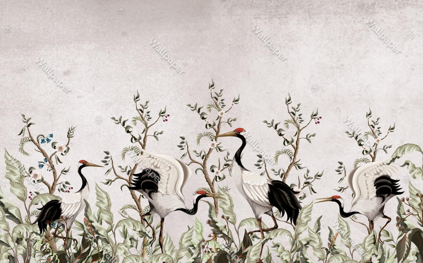 Crane Bird Among The Trees Wallpaper, Bohemian Wallpaper, Nature Mural, Peel and Stick Wallpaper, Stylish Room Design, Tropical Wallpaper