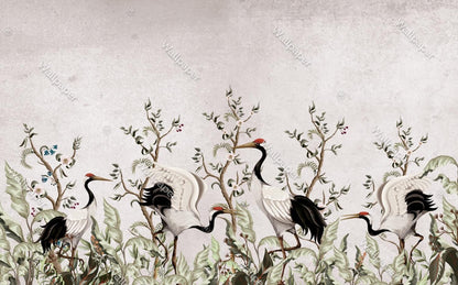 Crane Bird Among The Trees Wallpaper, Bohemian Wallpaper, Nature Mural, Peel and Stick Wallpaper, Stylish Room Design, Tropical Wallpaper