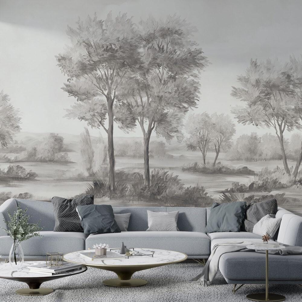 Grey Tone Savanna Trees Wallpaper, Soft Drawwing Wallpaper, Bohemian Wallpaper, Trees Mural, Peel and Stick Wallpaper, Stylish Wall Design