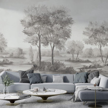 Grey Tone Savanna Trees Wall Mural | Bohemian Pencil Drawing Wallpaper