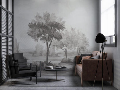 Grey Tone Savanna Trees Wall Mural | Bohemian Pencil Drawing Wallpaper