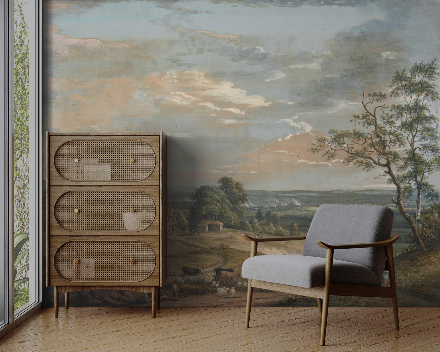 Village View In The Valley Wallpaper, Trees Wallpaper, Bohemian Mural, Painting Wallpaper, Peel and Stick Wallpaper, Nostalgic Wallpaper