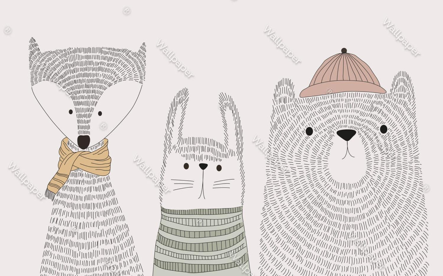 Cute Animals in Linear Gray Tones Wallpaper For Kid'sroom, Wallpaper Nursery, Childrens Wallpaper , Peel and Stick Wallpaper, Baby Wallpaper