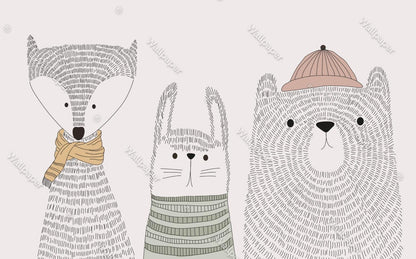 Cute Animals in Linear Gray Tones Wallpaper For Kid'sroom, Wallpaper Nursery, Childrens Wallpaper , Peel and Stick Wallpaper, Baby Wallpaper