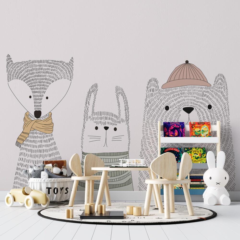 Cute Animals in Linear Gray Tones Wallpaper For Kid'sroom, Wallpaper Nursery, Childrens Wallpaper , Peel and Stick Wallpaper, Baby Wallpaper