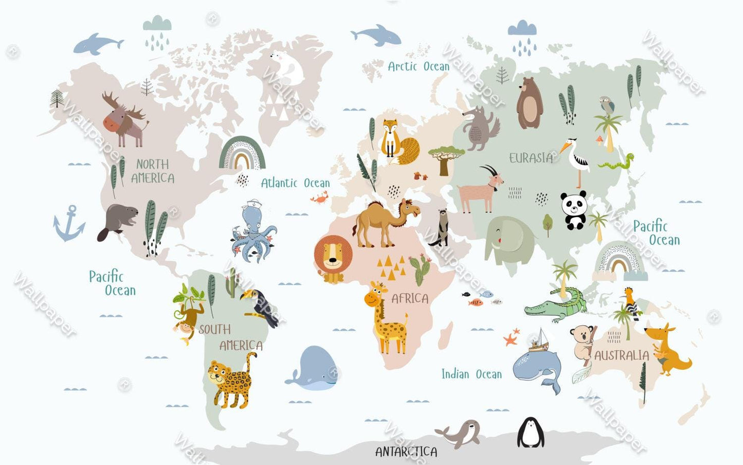 World Map Small Animal friends Wallpaper For Kidsroom, Childrens Wallpaper , Peel and Stick Wall Mural Nursery, Cute Animals, Baby Wallpaper