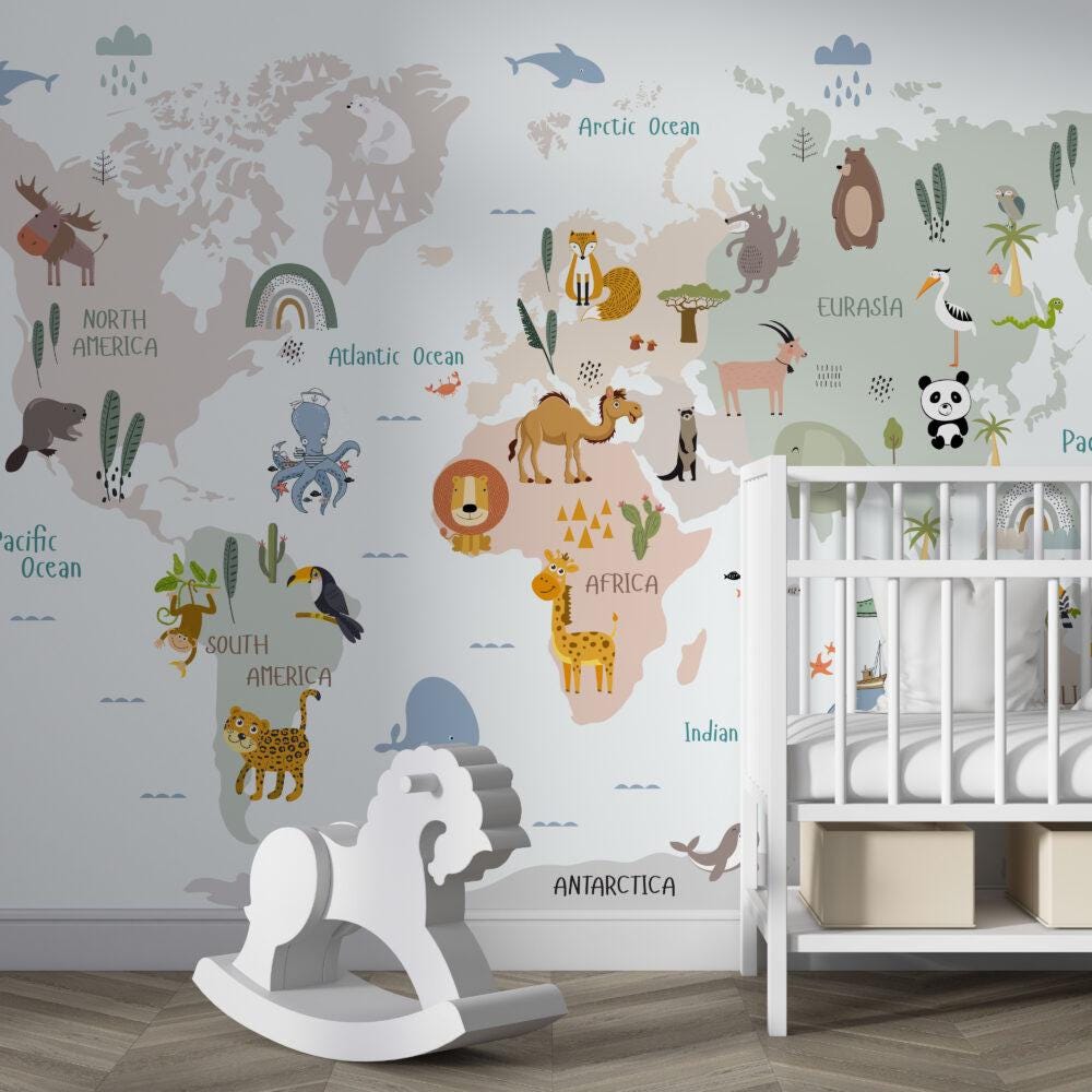 World Map Small Animal friends Wallpaper For Kidsroom, Childrens Wallpaper , Peel and Stick Wall Mural Nursery, Cute Animals, Baby Wallpaper