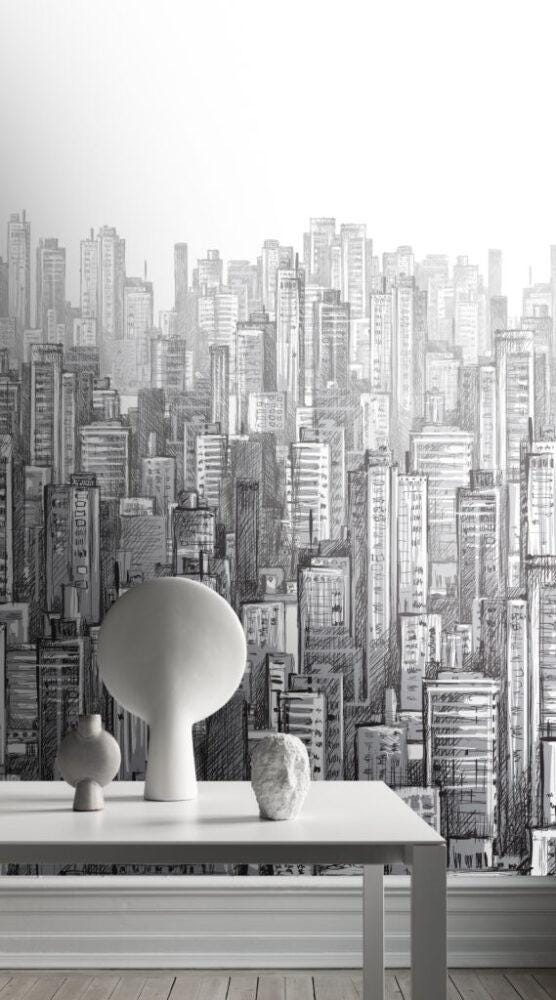 3D Pencil Drawing Multi-Building Pattern Wallpaper, Black and White Peel and Stick Wallpaper, Stylish Room Design, Abstract Wallpaper