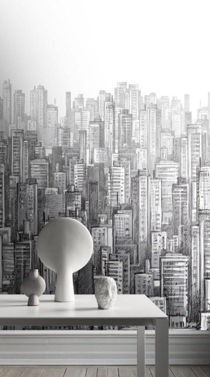 3D Pencil Drawing Multi-Building Pattern Wallpaper, Black and White Peel and Stick Wallpaper, Stylish Room Design, Abstract Wallpaper