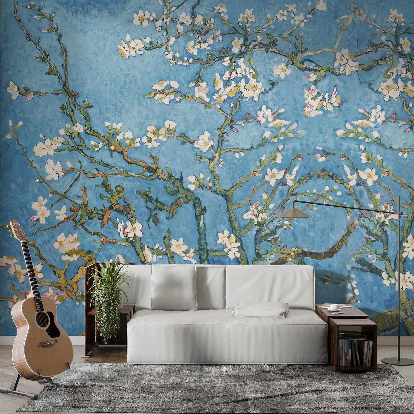 Almond Tree with Spring Flowers Wallpaper, Floral Wallpaper, Romantic Wall Mural, Peel and Stick Wallpaper, illustration Drawing Wallpaper