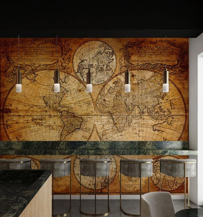 Antique World Map Wallpaper, Ancient Bohemian Wallpaper, Peel and Stick Historical Wallpaper, Nostalgic Wallpaper, Drawwing Wallpaper
