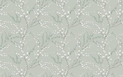 Vintage Floral Spring Branch Wallpaper, Green Wallpaper, Flowers Wallpaper, Romantic Wall Mural, Peel and Stick Wallpaper, Drawing Wallpaper