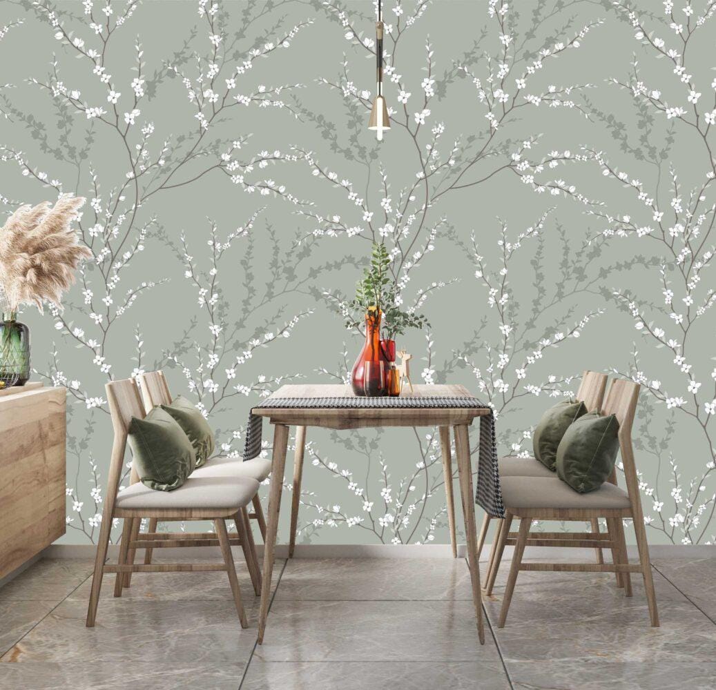 Vintage Floral Spring Branch Wallpaper, Green Wallpaper, Flowers Wallpaper, Romantic Wall Mural, Peel and Stick Wallpaper, Drawing Wallpaper