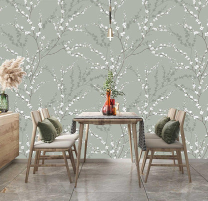 Vintage Floral Spring Branch Wallpaper, Green Wallpaper, Flowers Wallpaper, Romantic Wall Mural, Peel and Stick Wallpaper, Drawing Wallpaper