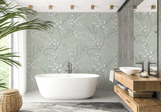 Vintage Floral Spring Branch Wallpaper, Green Wallpaper, Flowers Wallpaper, Romantic Wall Mural, Peel and Stick Wallpaper, Drawing Wallpaper