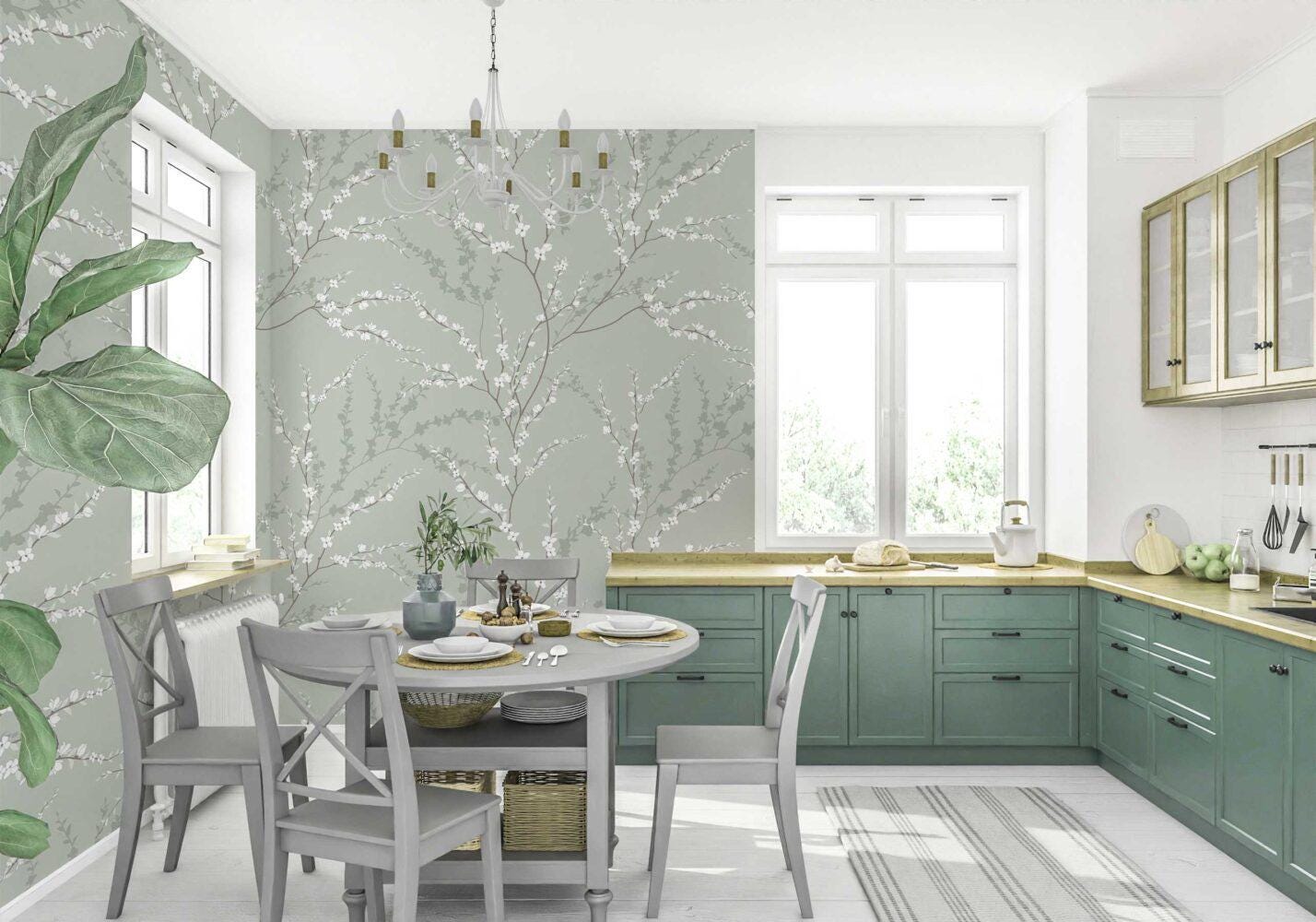 Vintage Floral Spring Branch Wallpaper, Green Wallpaper, Flowers Wallpaper, Romantic Wall Mural, Peel and Stick Wallpaper, Drawing Wallpaper