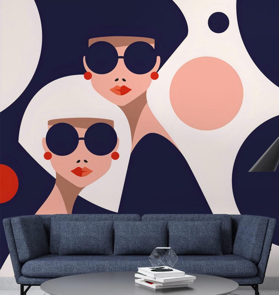 Geometric Pattern Wallpaper with Female Figure , Modern Peel and Stick Wallpaper, Stylish Room Design, Colorful Abstract Pattern Wallpaper