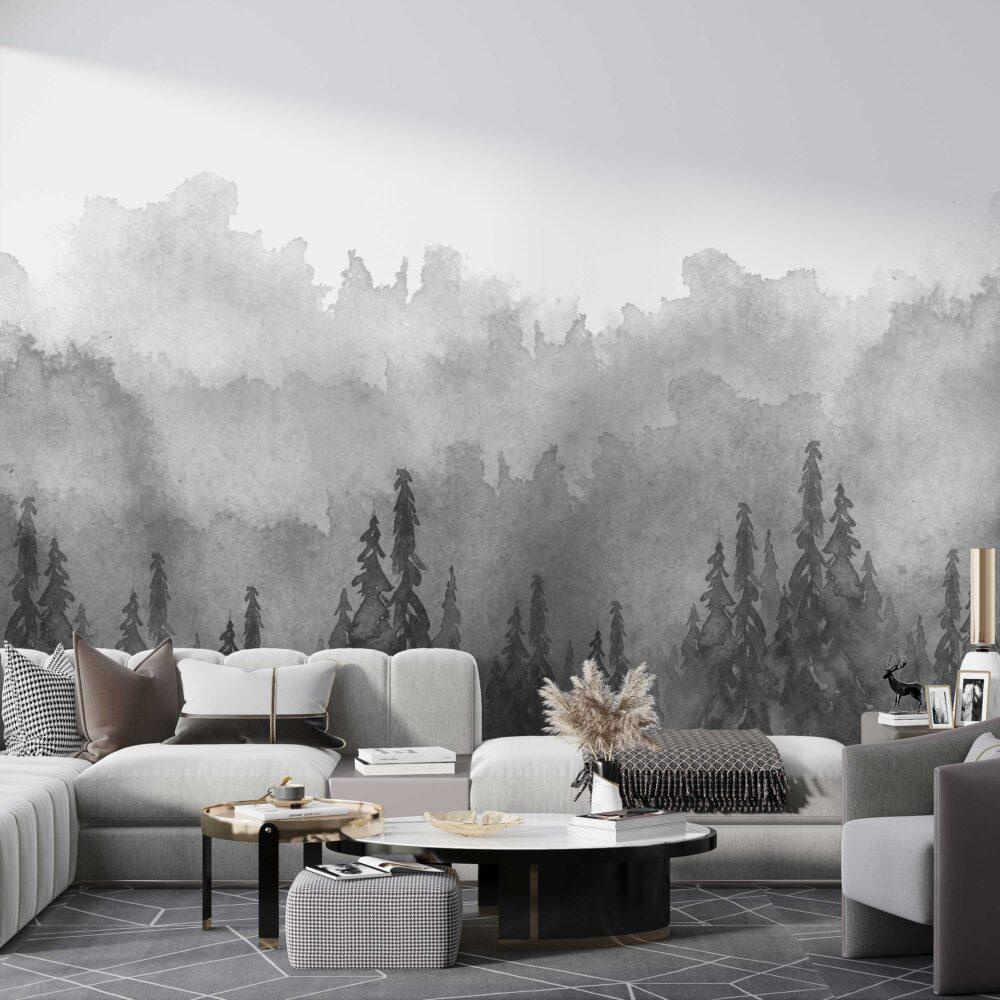 Misty Forest Watercolor Technique Wallpaper, Gray Wallpaper, Bohemian Wall Mural, Cool Peel and Stick Wallpaper, Dark Stylish Room Design