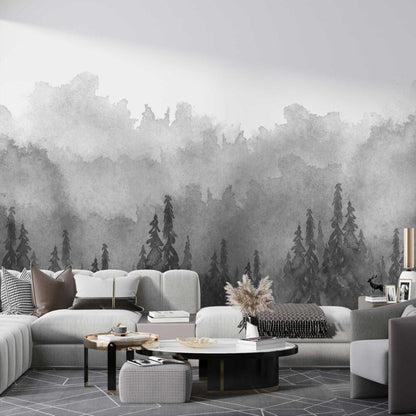 Misty Forest Watercolor Technique Wallpaper, Gray Wallpaper, Bohemian Wall Mural, Cool Peel and Stick Wallpaper, Dark Stylish Room Design