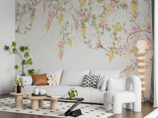 Wisteria Flower Tree Wallpaper, Floral Wallpaper, Colourful Romantic Wall Mural, Peel and Stick Wallpaper, Spring Themed Drawing Wallpaper