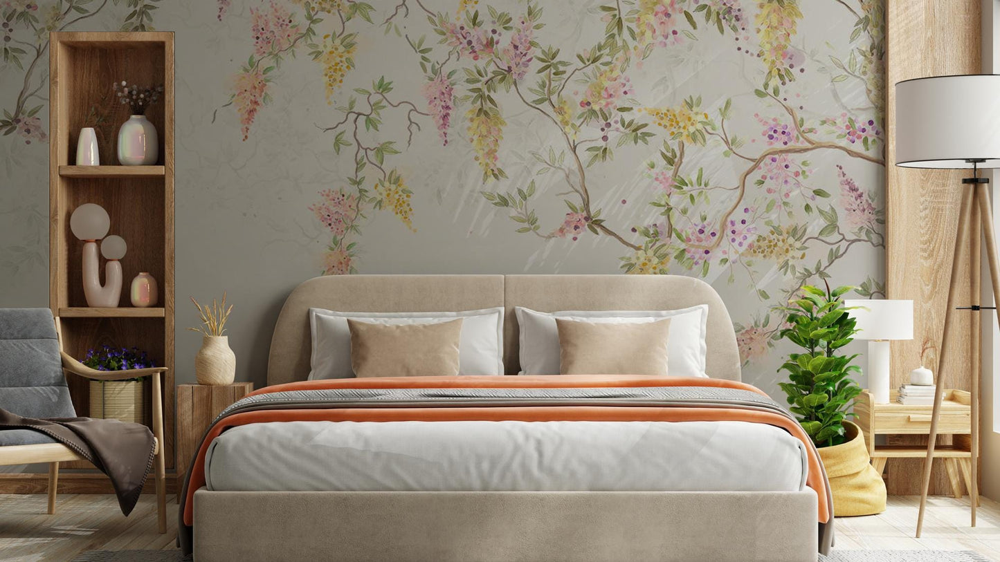 Wisteria Flower Tree Wallpaper, Floral Wallpaper, Colourful Romantic Wall Mural, Peel and Stick Wallpaper, Spring Themed Drawing Wallpaper
