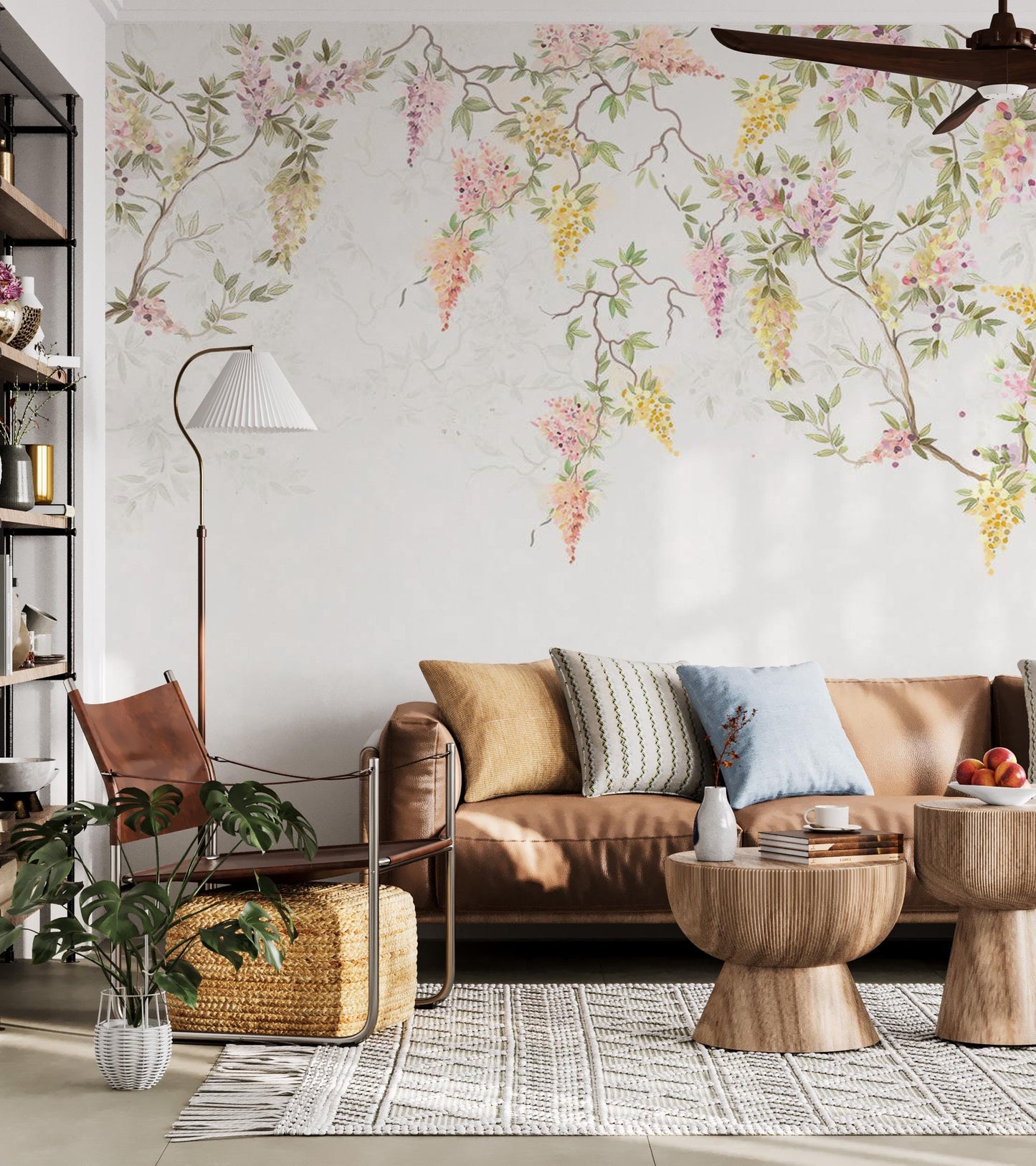 Wisteria Flower Tree Wallpaper, Floral Wallpaper, Colourful Romantic Wall Mural, Peel and Stick Wallpaper, Spring Themed Drawing Wallpaper
