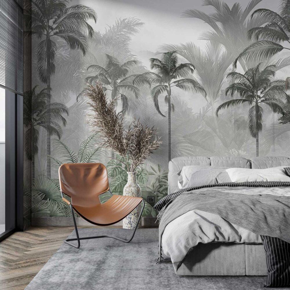 Tropical Forest Wallpaper with Black and White Palm Trees, Cold Green Wallpaper, Peel and Stick Wallpaper, Stylish Room Design, Wall Design