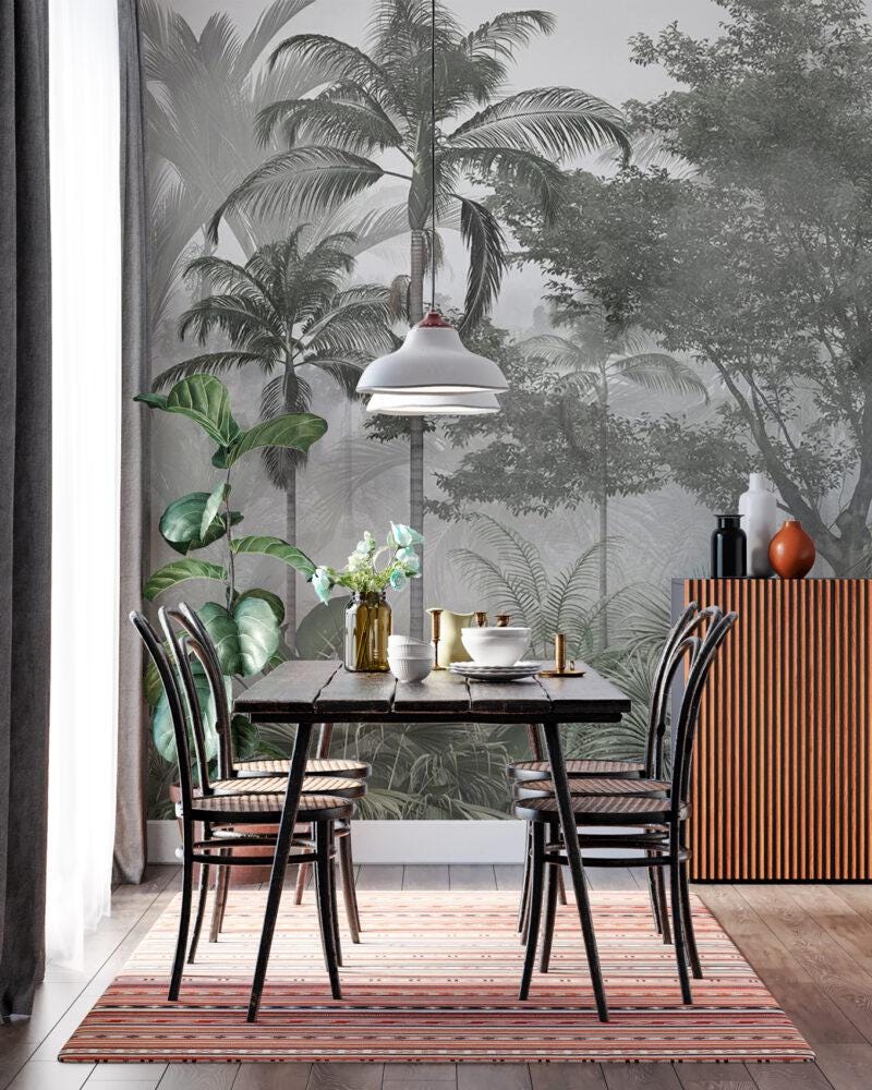 Tropical Forest Wallpaper with Black and White Palm Trees, Cold Green Wallpaper, Peel and Stick Wallpaper, Stylish Room Design, Wall Design