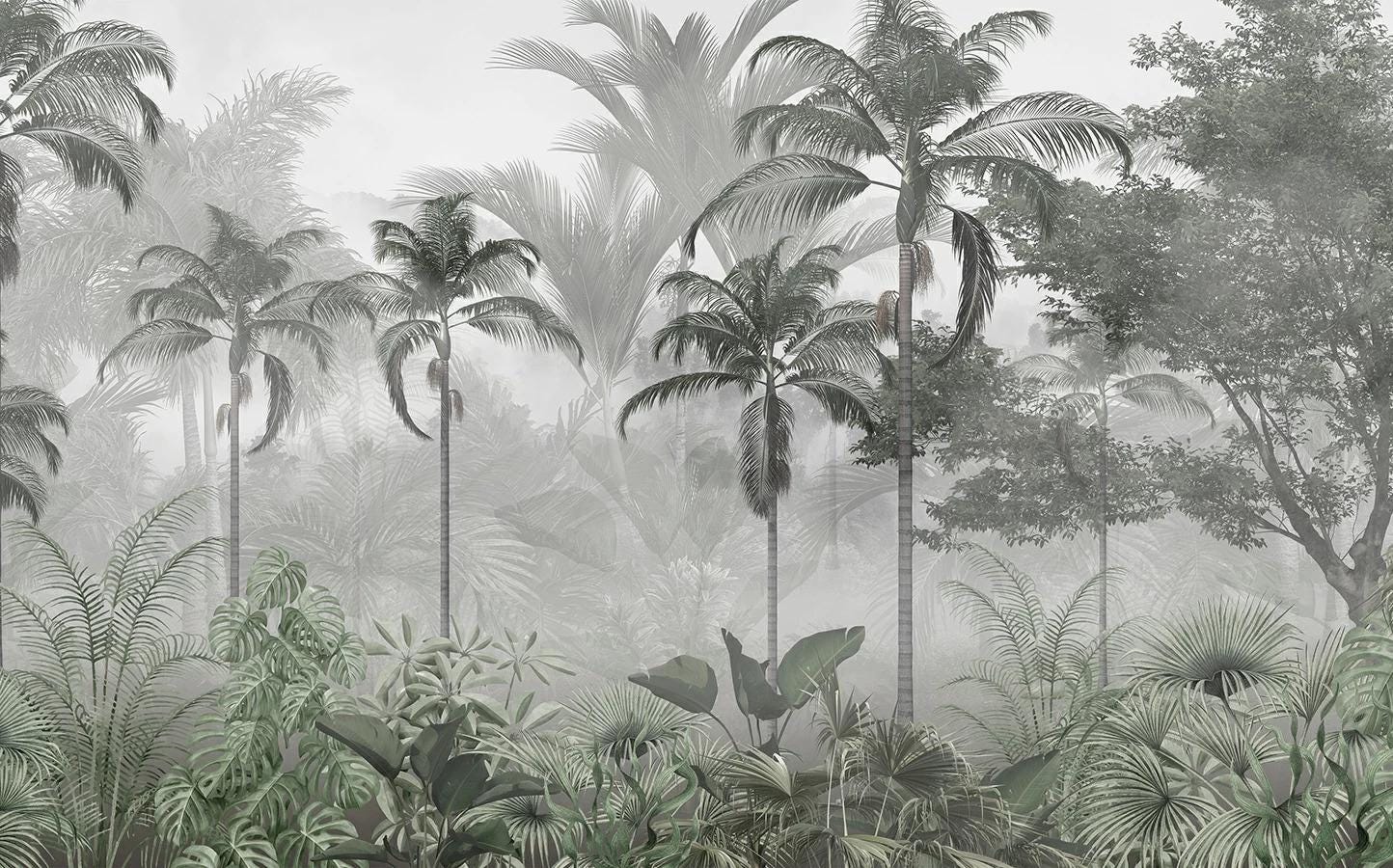 Tropical Forest Wallpaper with Black and White Palm Trees, Cold Green Wallpaper, Peel and Stick Wallpaper, Stylish Room Design, Wall Design