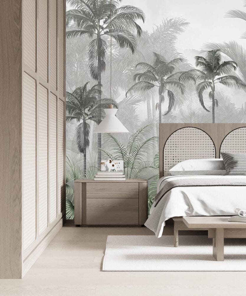 Tropical Forest Wallpaper with Black and White Palm Trees, Cold Green Wallpaper, Peel and Stick Wallpaper, Stylish Room Design, Wall Design