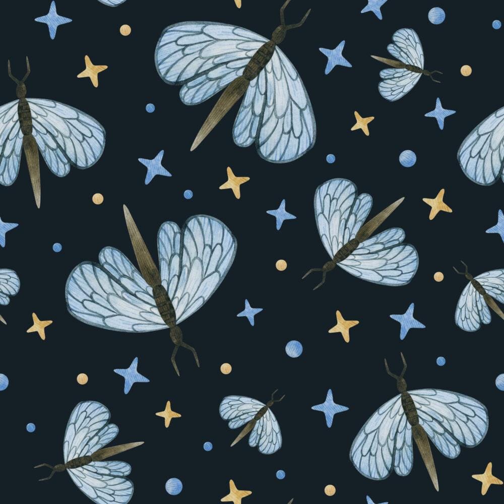 Butterfly and Stars Wallpaper on dark blue background, Peel and Stick Wallpaper, Stylish Room Design, Modern Abstract Pattern Wallpaper