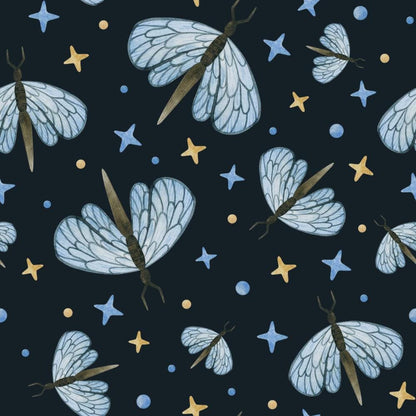 Butterfly and Stars Wallpaper on dark blue background, Peel and Stick Wallpaper, Stylish Room Design, Modern Abstract Pattern Wallpaper