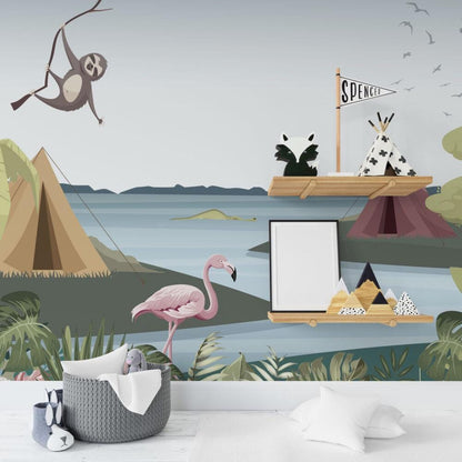Lakeside Campsite Wallpaper, 3D Children Wallpaper, illustration Wallpaper Nursery, Flamingo Monkey Parrot Wallpaper, Watercolor Kid's Mural