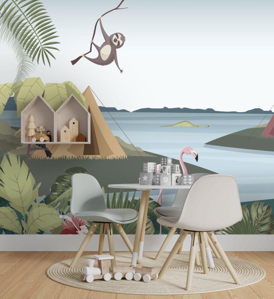 Lakeside Campsite Wallpaper, 3D Children Wallpaper, illustration Wallpaper Nursery, Flamingo Monkey Parrot Wallpaper, Watercolor Kid's Mural