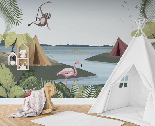 Lakeside Campsite Wallpaper, 3D Children Wallpaper, illustration Wallpaper Nursery, Flamingo Monkey Parrot Wallpaper, Watercolor Kid's Mural