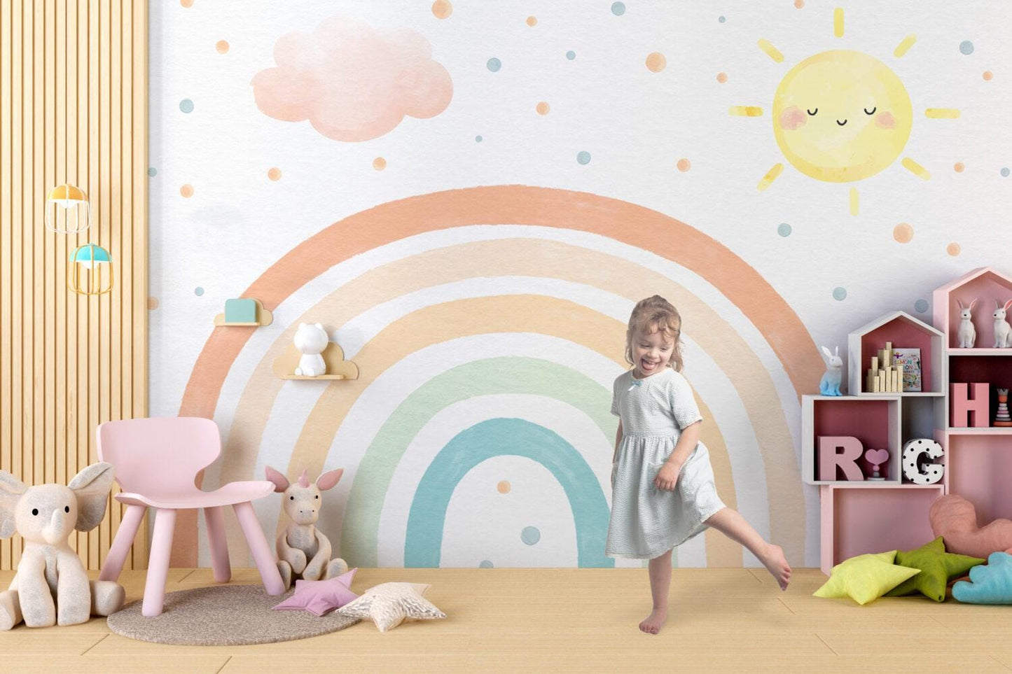 Soft Colorful Sun And Rainbow Kids Wallpaper, Fun Polka Dot Patterned Wallpaper Nursery, Bright Child Wallpaper, Cute Baby Girl Wallpaper