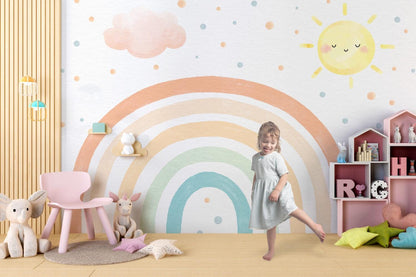 Soft Colorful Sun And Rainbow Kids Wallpaper, Fun Polka Dot Patterned Wallpaper Nursery, Bright Child Wallpaper, Cute Baby Girl Wallpaper