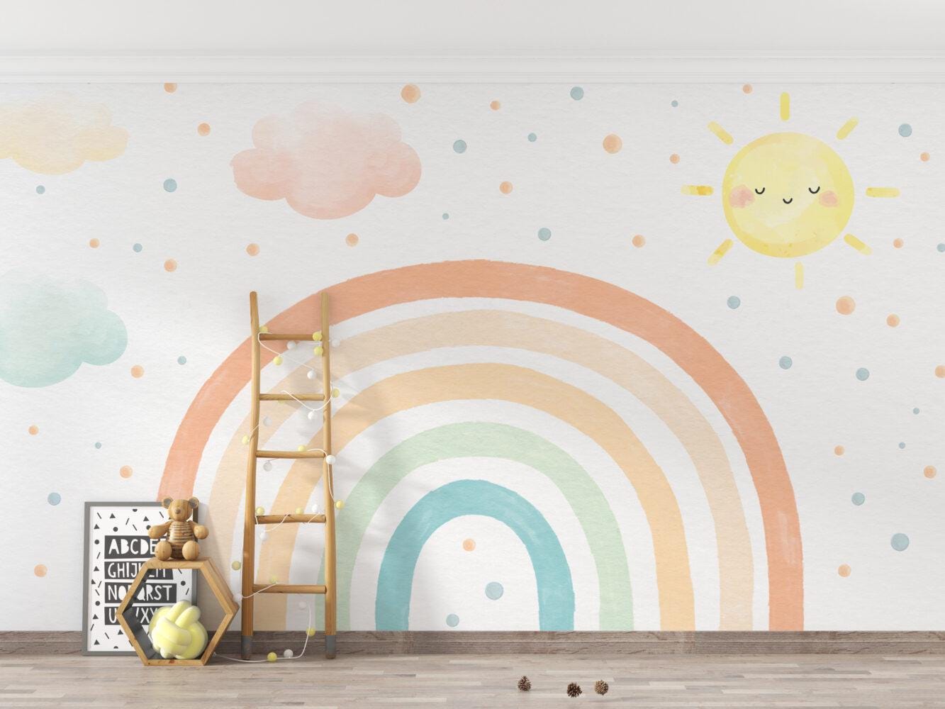 Soft Colorful Sun And Rainbow Kids Wallpaper, Fun Polka Dot Patterned Wallpaper Nursery, Bright Child Wallpaper, Cute Baby Girl Wallpaper