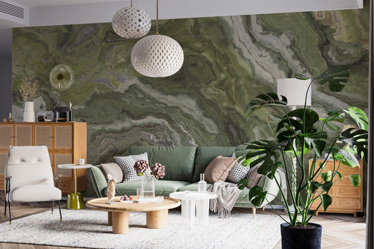 Marble Wallpaper in Green Shades, Abstract Peel and Stick Wallpaper, Stylish Room Design, Modern Pattern Wallpaper, Cool Green Wavy Mural