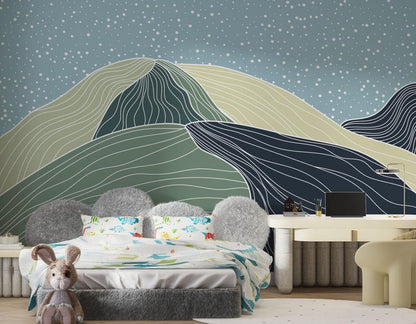 Soft Linear Mountain Landscape Wallpaper, 3D Children Wallpaper, Green Nature Themed illustration Wallpaper Nursery, Watercolor Kid's Mural