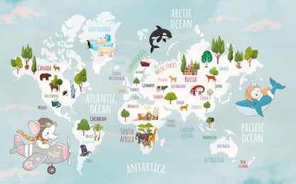 3D Wallpaper with Children's Map with Animals on Turquoise Background, Children Wallpaper , Peel and Stick Wallpaper Nursery, Baby Wallpaper