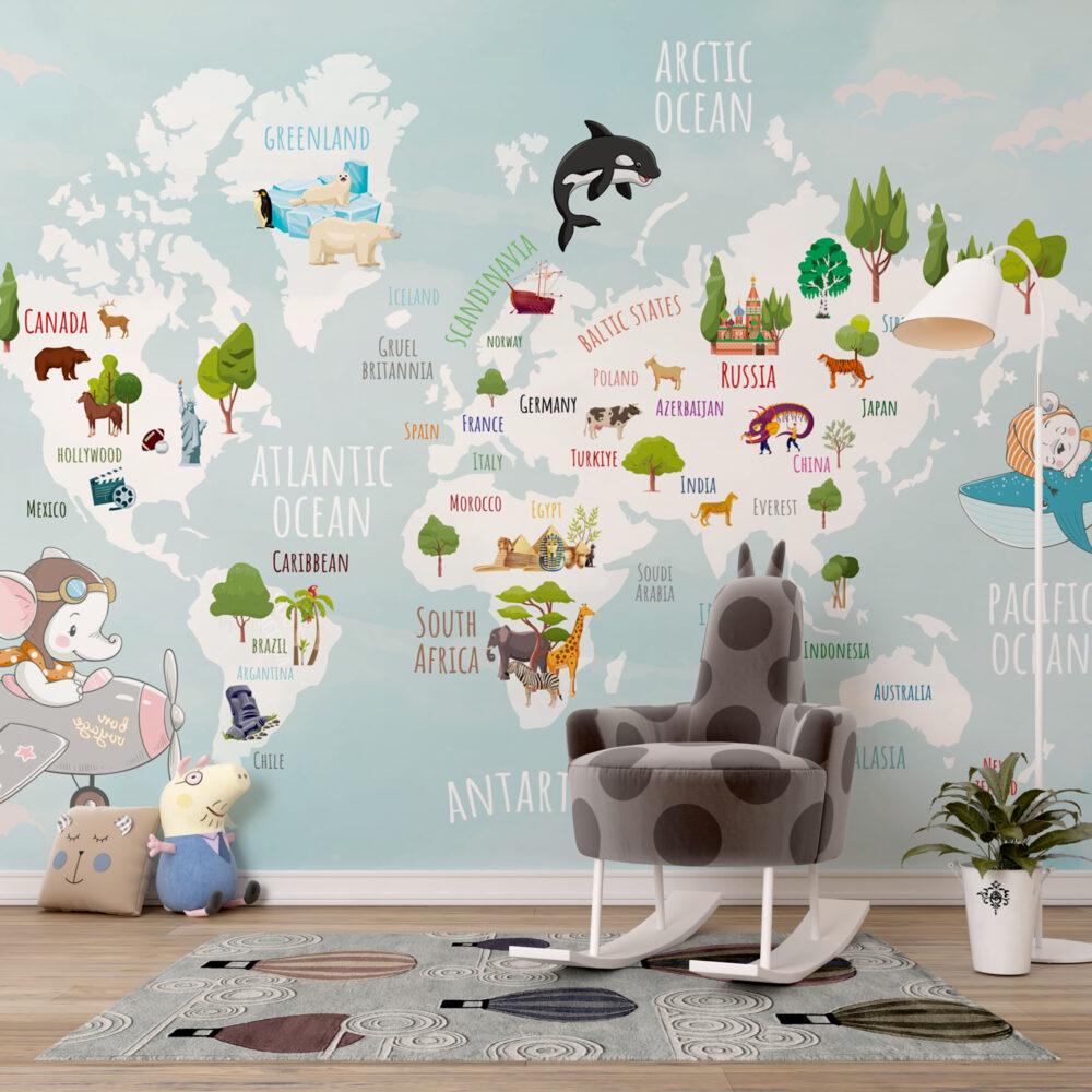 3D Wallpaper with Children's Map with Animals on Turquoise Background, Children Wallpaper , Peel and Stick Wallpaper Nursery, Baby Wallpaper