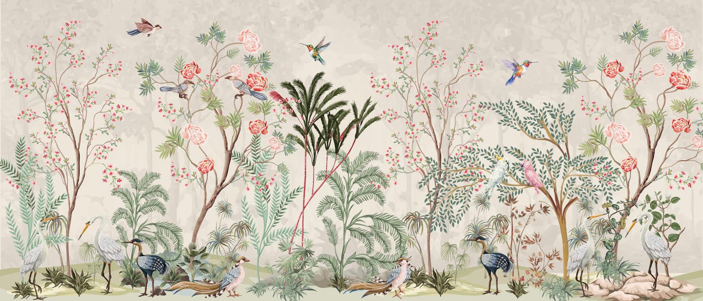 Flowering Trees and Rosewood Wallpaper, Exotic Botany Wallpaper, Romantic Wall Mural, Peel and Stick Wallpaper, Birds Drawing Wallpaper